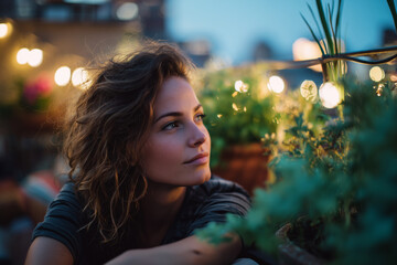 Young woman relaxing on a cozy balcony at dusk, gazing thoughtfully at potted plants and warm fairy lights, capturing peaceful evening mood