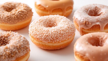 Several sugar-coated donuts arranged on a white surface, refined sugar load