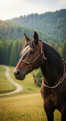 Fototapeta premium Horse standing in a green field with mountains and winding path in the background during golden hour light
