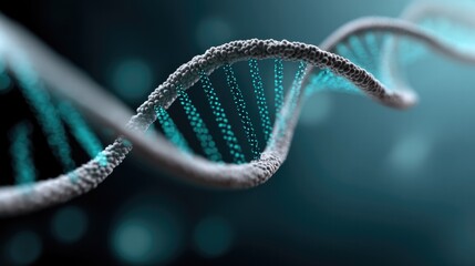 DNA double helix made of glowing cyan and turquoise particles, floating in dark space, digital visualization, bioluminescent dots forming spiral structure, connecting lines and nodes