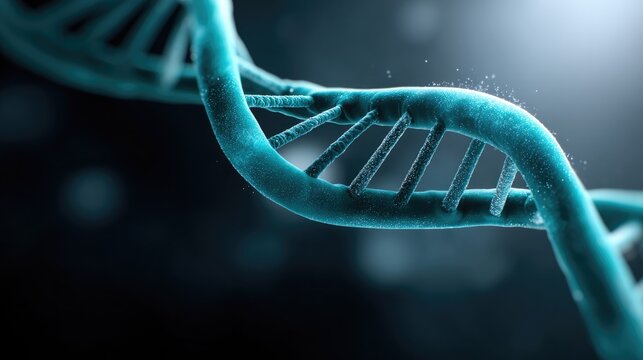 DNA double helix made of glowing cyan and turquoise particles, floating in dark space, digital visualization, bioluminescent dots forming spiral structure, connecting lines and nodes