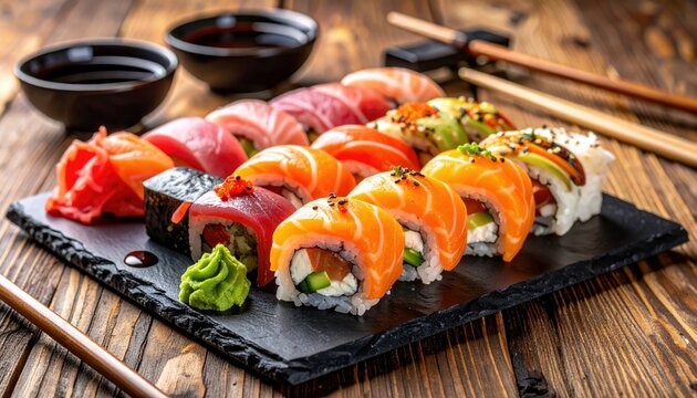 A close-up shot of a variety of sushi rolls, including salmon, tuna, and avocado, arranged on a dark slate platter with accompaniments. - Powered by Adobe