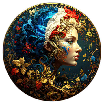 French National Allegory Portrait. Elegant woman embodying the spirit of Marianne, with hair and flowers in the colors of the French flag: Blue, White, and Red