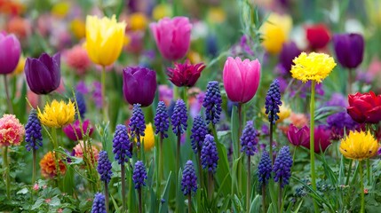 Obraz premium Colorful spring garden displaying a vibrant mix of flowering tulips, grape hyacinths, and other diverse blooms