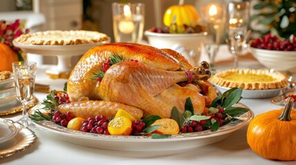 Thanksgiving Feast with Roast Turkey, Fruits, and Festive Decorations