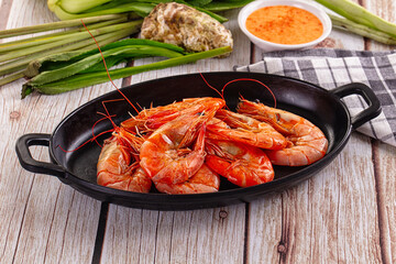 Delicous boiled tiger prawn with sauce