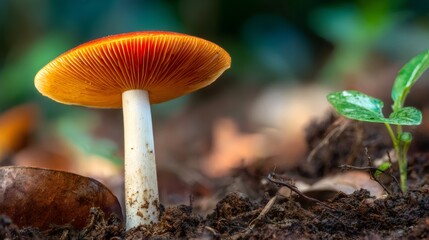 Fototapeta premium Vibrant mushroom with red cap and prominent gills growing in forest soil beside a young green plant