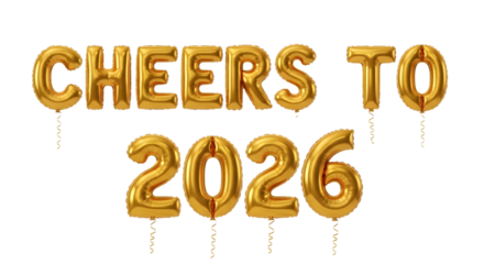 Golden balloons spell cheers to 2026 isolated on transparent background