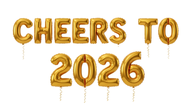 Golden balloons spell cheers to 2026 isolated on transparent background