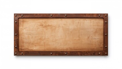 Rustic wooden signboard surrounded by a rusty metal frame with rivets, suitable for informational display