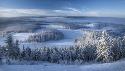 Snow-covered fields and frosty trees in a Black Forest landscape, winter season, erosion risk