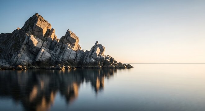 Jagged Rock Formations Reflected in Calm Water Under a Clear Sky