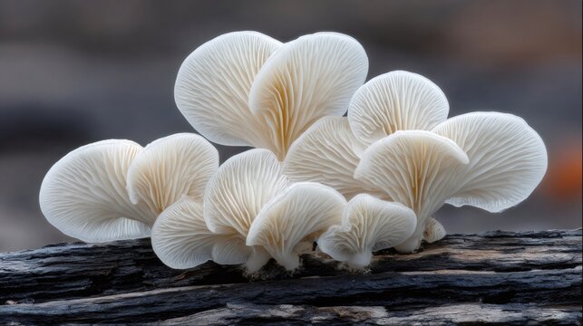 Oyster mushroom colony growing on a dead log in a forest, showing delicate white gills and natural habitat