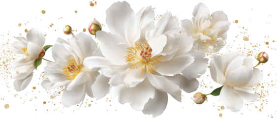 Falling white peony flowers and gold glitter isolated on white pink, floral, rose, flower, flower, frame, leaf