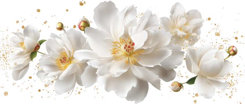 Falling white peony flowers and gold glitter isolated on white pink, floral, rose, flower, flower, frame, leaf