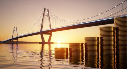 Fototapeta premium Sunset view of a bridge with stacks of coins reflecting in calm water