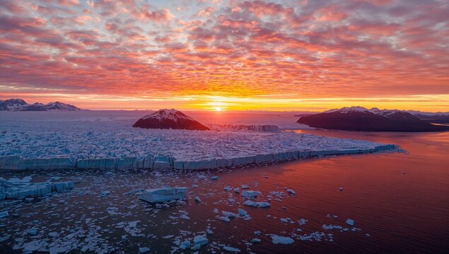 Vibrant sunset illuminating the icy Antarctic landscape, showcasing seasonal change