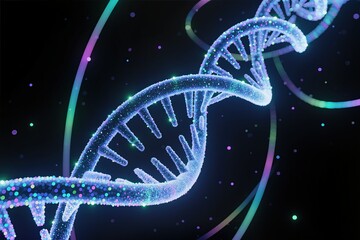 Glowing DNA helix in cosmic visualization geneticist modeling genome data with particle lights, neon blue strands and purple