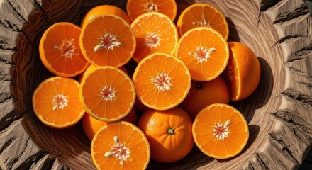 Freshly sliced oranges arranged in a wooden bowl showcasing bright colors and textures in a natural setting