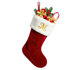A red and white Christmas stocking filled with holiday decorations and presents.