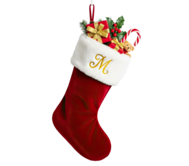 A red and white Christmas stocking filled with holiday decorations and presents.