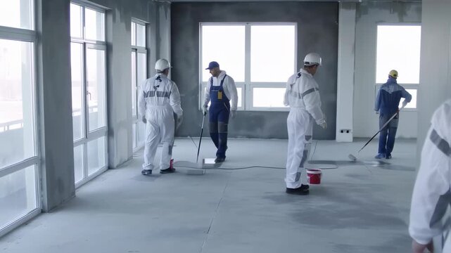 Construction workers applying epoxy floor coating in an interior space