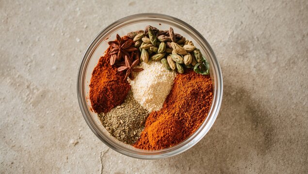 Variety of spices in a glass bowl, components for garam masala, protein-rich meal