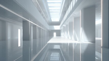Obraz premium Modern minimalist interior with bright natural light and reflective surfaces