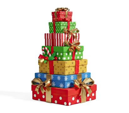 A Christmas tree made of colorful gift boxes with ribbons and bows.