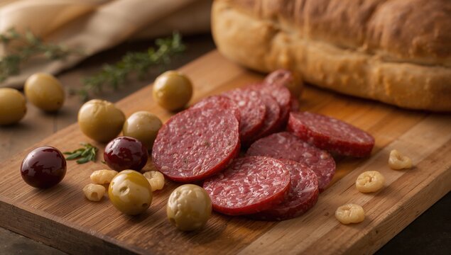Olives paired with smoked sausages and cornbread, protein-rich meal