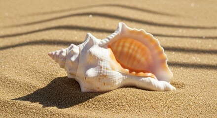 Shell rests on sunlit sand with gentle shadows at a serene beach during midday