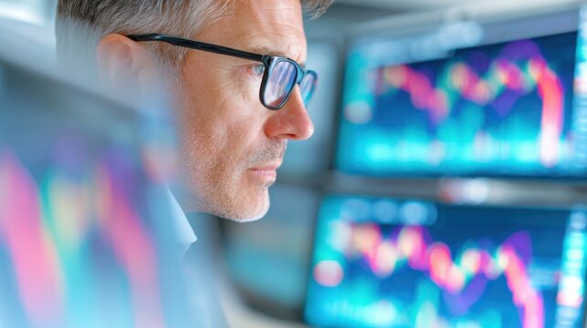 Male banker analyzing market volatility on multiple screens, focused on financial data trends, with colorful graphs and charts in a modern office environment showcasing professional expertise
