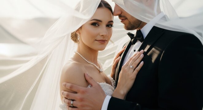 Couple celebrates their wedding with a romantic moment under a veil at a scenic outdoor location during golden hour - Powered by Adobe
