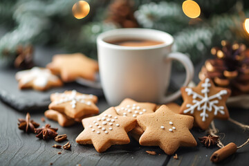 Christmas star cookies and hot drink on a rustic wooden table background