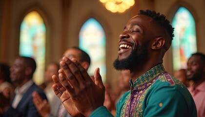Joyful african american man claps hands during church service. He smiles broadly and wears a green shirt with gold and purple trim. People attend worship assembly in a sunlit cathedral.