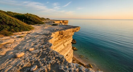 Golden Hour Cliffside Overlooking a Calm, Turquoise Sea
