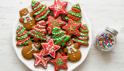 A festive plate piled high with christmas gingerbread cookies in the shape of trees, stars, and snowmen, decorated with green and red icing, next to a jar of sprinkles