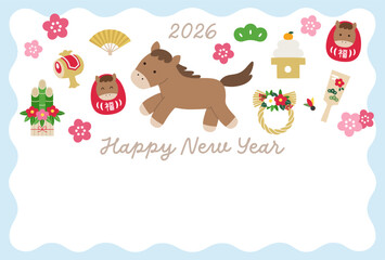 2026年午年の年賀状テンプレート。馬、かわいい、縁起物、梅の花、ベクター