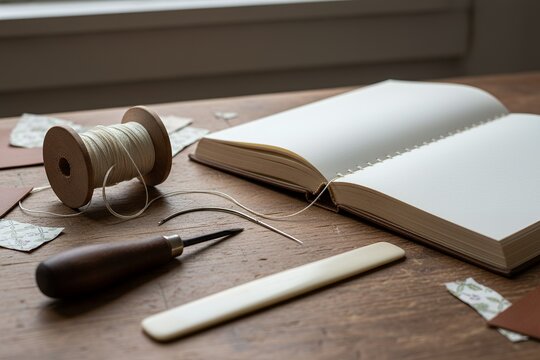 Blank notebook with sewing tools and paper scraps on wooden table bookbinding thread stitch
