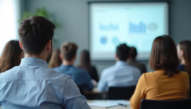 Group of people attend business presentation. Audience watches projection screen with charts. Professionals learn in classroom setting. Teamwork, education, strategy development. - Powered by Adobe