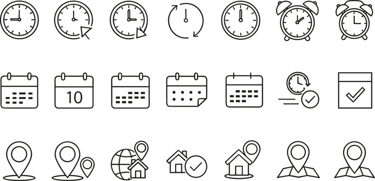 Detailed vector line icon set for time-based navigation and scheduling applications, featuring elements like recurring clocks, confirmed appointments, map location pins,