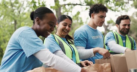 Excited, women and high five for community service, park or food distribution for NGO or celebration. Outdoor, groceries and volunteers with social responsibility, kindness or achievement for charity