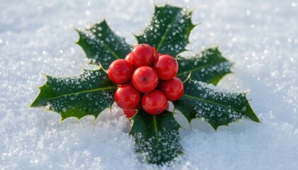 A closeup of a holly sprig with bright red berries and green leaves, dusted with snow, resting on a white snowy surface