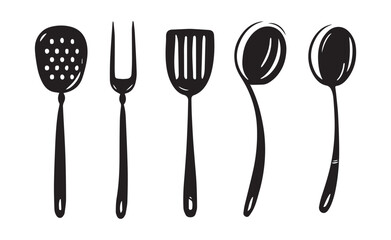 Hand- Drawn Black Silhouettes of Kitchen Utensils kitchenware cooking