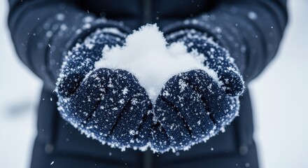 Person holds fresh snow in gloved hands during winter in a snowy landscape under falling snowflakes