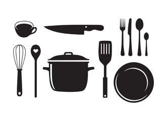 Kitchen Utensils and Cookware Silhouette Collection on White Background cooking food