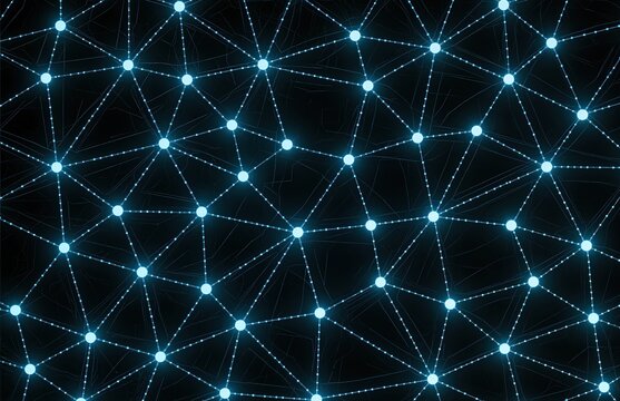 Glowing node network forming mesh pattern data nodes interconnected by luminous lines, cyber grid aesthetic with electric blue