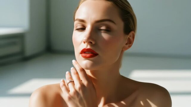 Elegant woman gazes thoughtfully, ring on hand