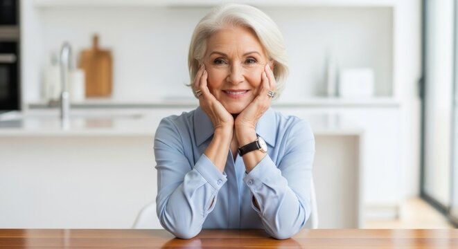 Senior woman enjoys a moment of relaxation while smiling at home during a bright afternoon