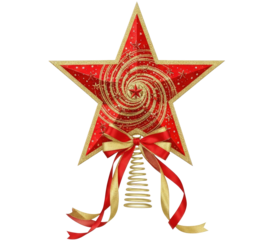 A red and gold star with a candy cane design on a png transparent.